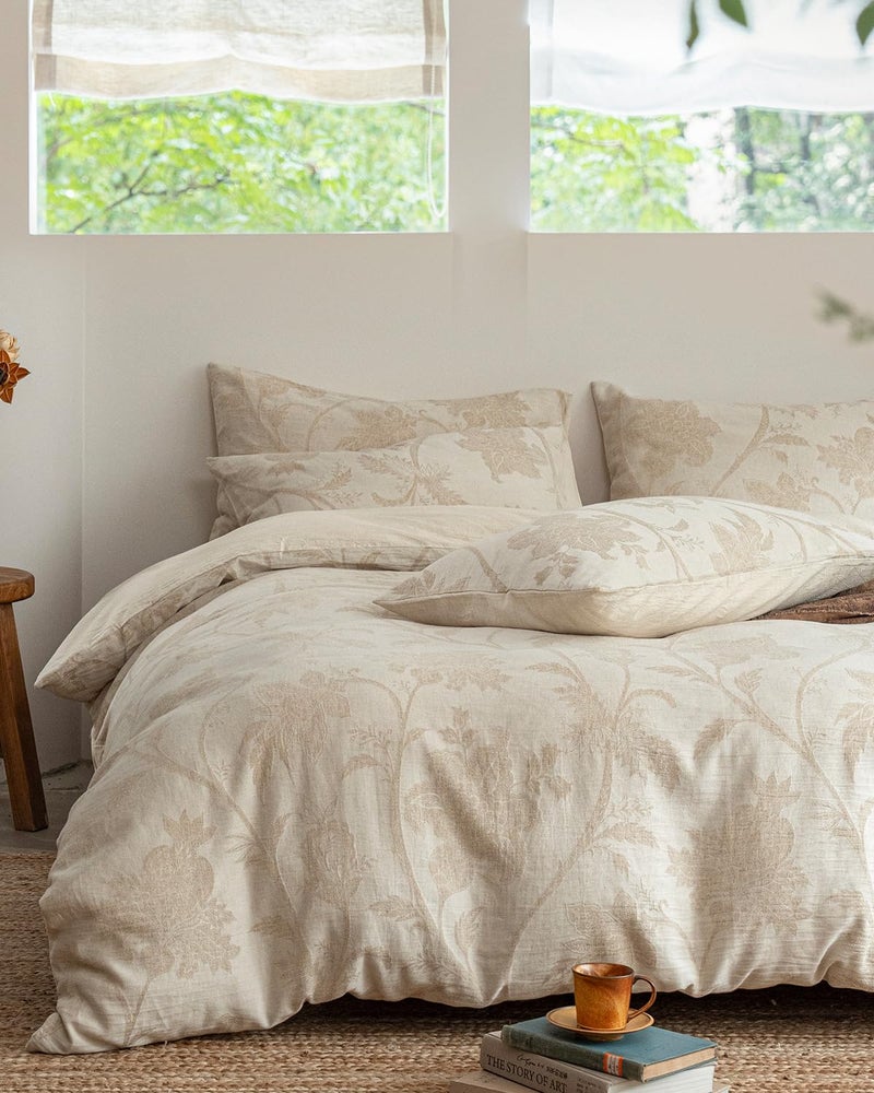 MILDLY Linen Cotton Duvet Cover - Jacquard Textured Botanical Comforter Cover Set 3pcs with Zipper Closure Breathable & Minimalist for All Season - Image 1