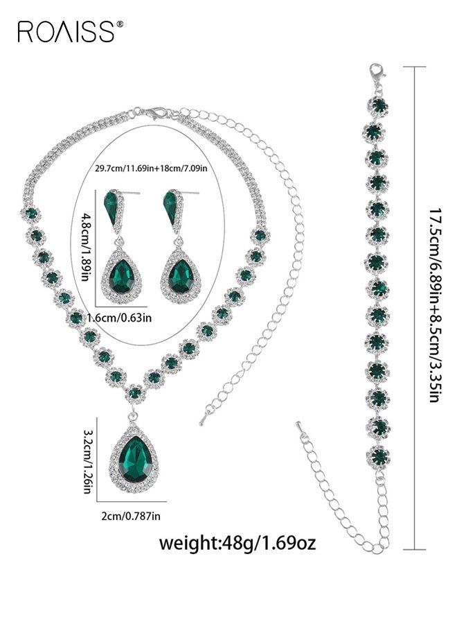 رويس طقم مجوهرات زفاف من الكريستال، طقم أقراط وقلادة وسوار من الكريستال الفضي والأخضر اللامع، طقم مجوهرات رسمي من الكريستال للعرائس - Image 2