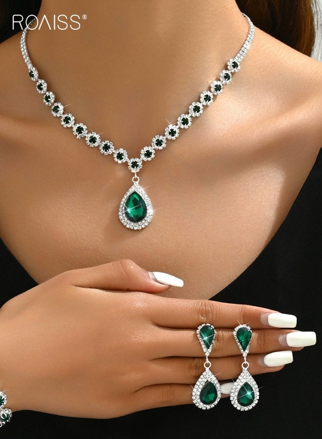 رويس طقم مجوهرات زفاف من الكريستال، طقم أقراط وقلادة وسوار من الكريستال الفضي والأخضر اللامع، طقم مجوهرات رسمي من الكريستال للعرائس - Image 1