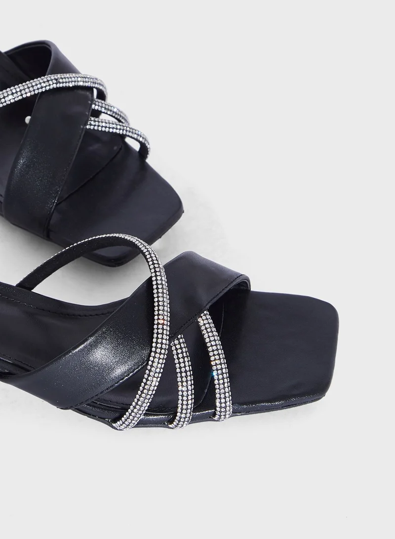Ella Limited Edition Embellished Strap Square Toe Mule Sandal Black