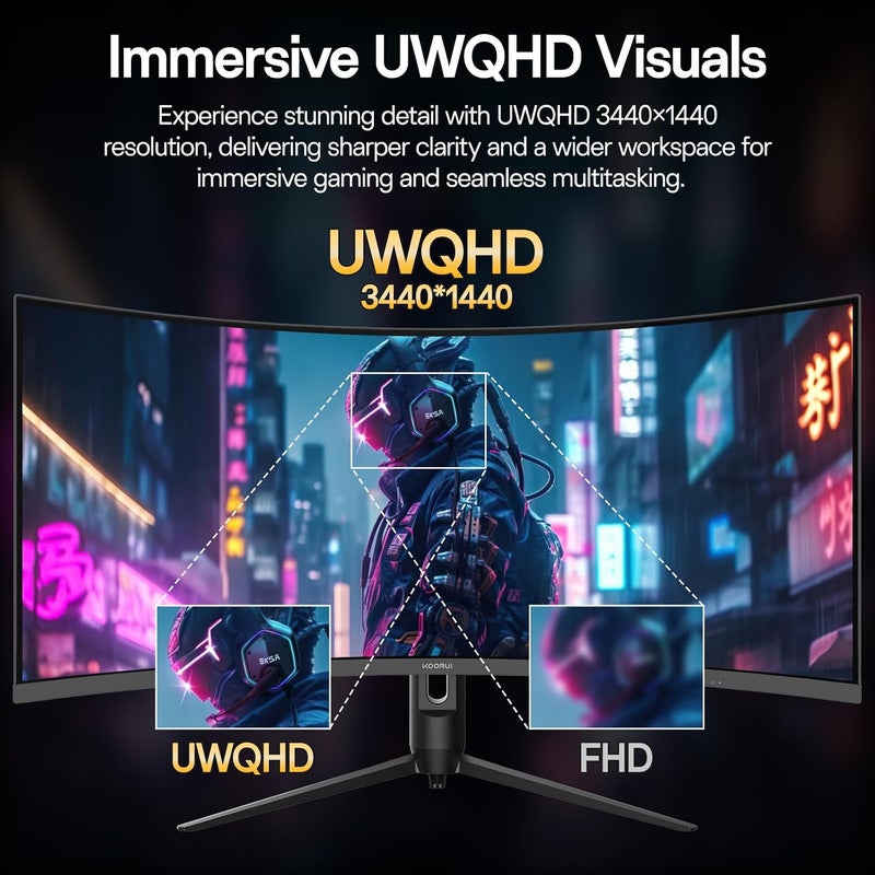 كوروي شاشة العاب منحنية عريضة للغاية 34 انش 240Hz WQHD 3440×1440، 1500R، HDR400، PIP/PBP، 90% DIC-P3، مزامنة تكيفية، HDMI 2.1/DP 1.4، امالة / دوران / ارتفاع قابل للتعديل، فيسا لالعاب الكمبيوتر والعمل واللعب - Image 4