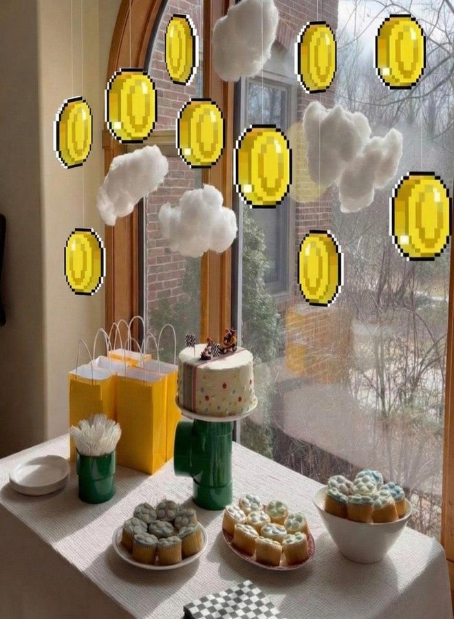 Epakh 24 Pcs Super Brothers Party Decorations Gold Coin Hanging Banner with 3D Cloud Birthday Party Decoration Video Game Theme Banners Garland for Birthday Favors Super Game Room Home Supplies - Image 2