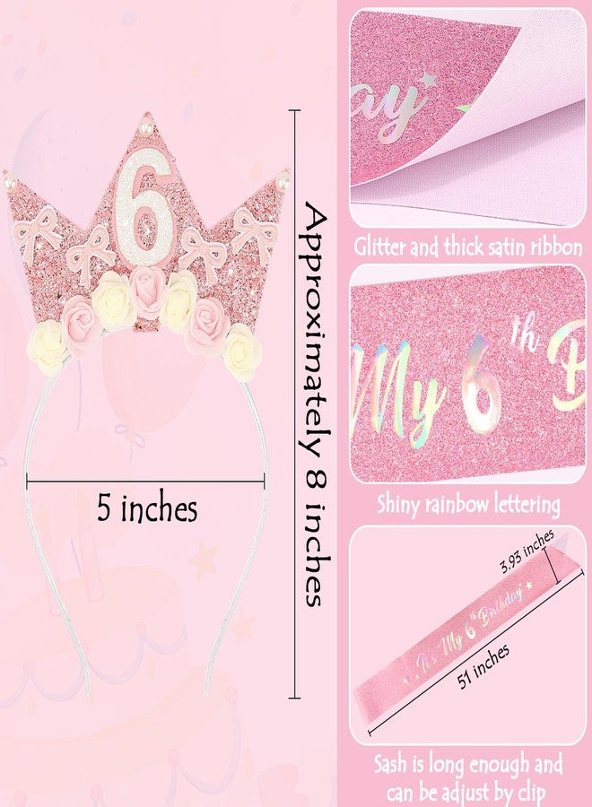 SuPoo 6th Birthday Sash and Headband Crown Flower 6th Birthday Decorations for Girl Pink Bow Crown for Girls Princess Tiara Cute Glitter Hair Band 6 Year Old Party Decorations Outfit Gift - Image 5