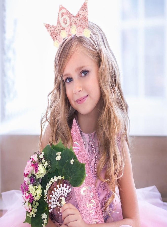 SuPoo 6th Birthday Sash and Headband Crown Flower 6th Birthday Decorations for Girl Pink Bow Crown for Girls Princess Tiara Cute Glitter Hair Band 6 Year Old Party Decorations Outfit Gift - Image 2