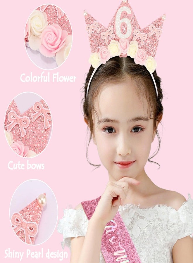 SuPoo 6th Birthday Sash and Headband Crown Flower 6th Birthday Decorations for Girl Pink Bow Crown for Girls Princess Tiara Cute Glitter Hair Band 6 Year Old Party Decorations Outfit Gift - Image 4