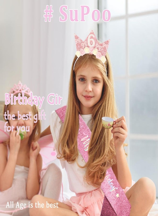SuPoo 6th Birthday Sash and Headband Crown Flower 6th Birthday Decorations for Girl Pink Bow Crown for Girls Princess Tiara Cute Glitter Hair Band 6 Year Old Party Decorations Outfit Gift - Image 3