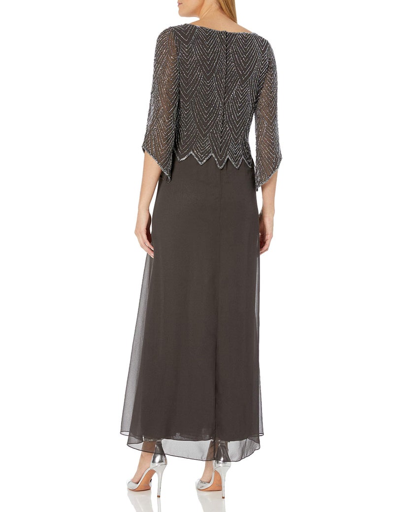 J Kara Women's Scoop Neck 3/4 Sleeves Long Dress, Slate/MERC/Coal/Silver, 16 - Image 3