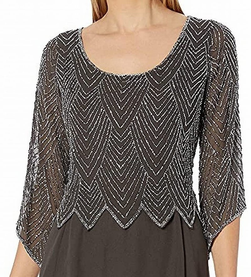 J Kara Women's Scoop Neck 3/4 Sleeves Long Dress, Slate/MERC/Coal/Silver, 16 - Image 4