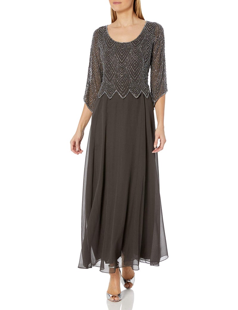 J Kara Women's Scoop Neck 3/4 Sleeves Long Dress, Slate/MERC/Coal/Silver, 16 - Image 5