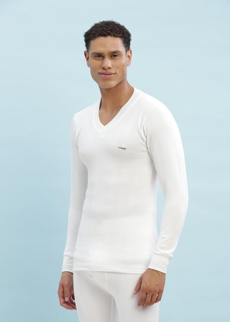 Dollar Ultra Combed Cotton Mens Thermal V-Neck Full Sleeve Top Off White - Image 2