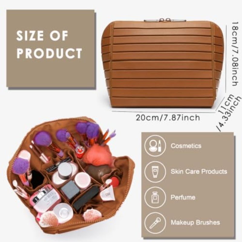Foldable travel makeup organizer bag for women, gym, home, business trips: waterproof padded interior, adjustable dividers, multi pockets, large capacity, fold-down design, opens flat, black - Image 4