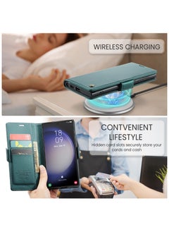 CaseMe Flip Wallet Case For Samsung Galaxy S22 Ultra, [RFID Blocking] PU Leather Wallet Flip Folio Case with Card Holder Kickstand Shockproof Phone Cover (Green)  - Image 3