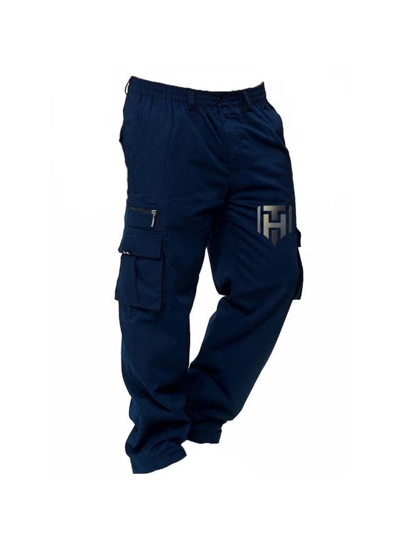 Huitich Men’s Casual Multi-Pocket Workwear Trousers – Navy, Size L  - Image 2