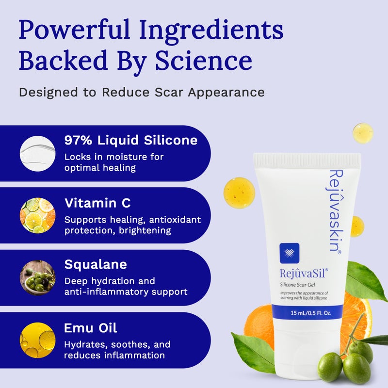 Rejuvaskin RejuvaSil Silicone Scar Gel, Scar Treatment for Surgical Scars, Burns, Keloids, Acne Scars on Face & Body, 15ml - Image 3