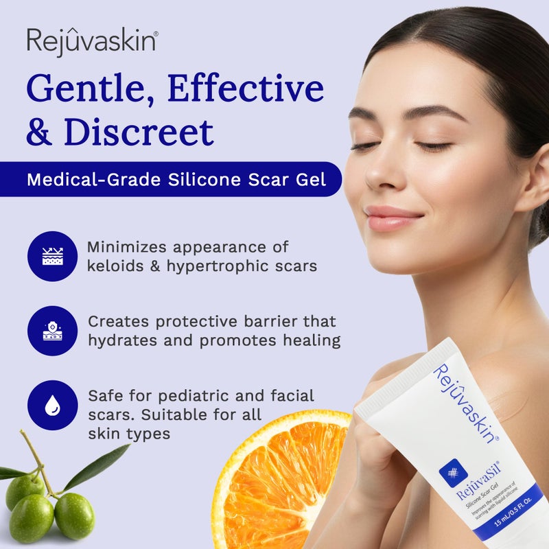 Rejuvaskin RejuvaSil Silicone Scar Gel, Scar Treatment for Surgical Scars, Burns, Keloids, Acne Scars on Face & Body, 15ml - Image 2