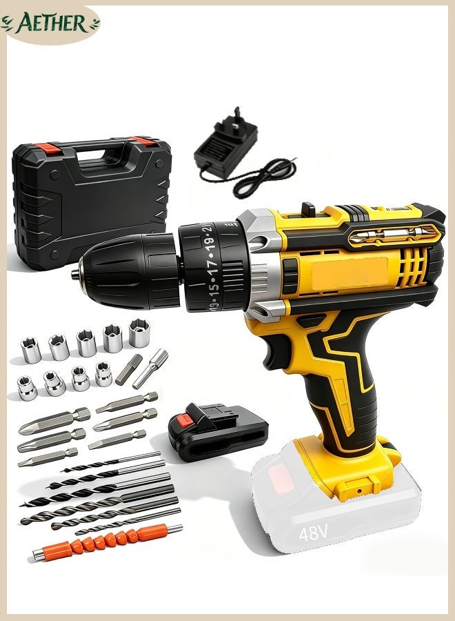 AETHER 48V Cordless Drill Tool Set, 3/8-Inch Variable Speed Drill with Lithium-Ion Battery & Quick Charger, 19 Torque Positions, 24 Accessories Set, Built-in LED Work Light (Packaging May Vary) - Image 1