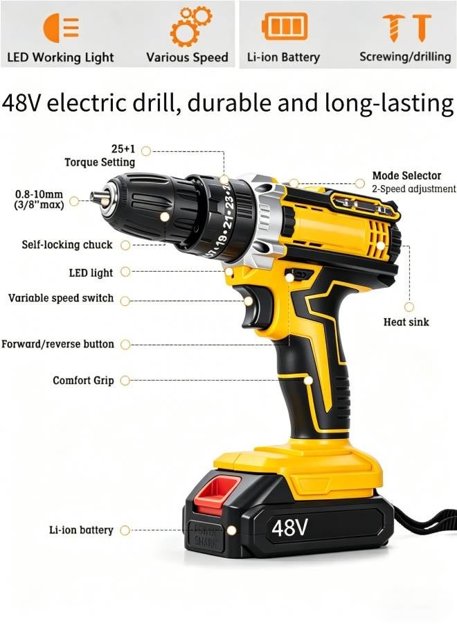 AETHER 48V Cordless Drill Tool Set, 3/8-Inch Variable Speed Drill with Lithium-Ion Battery & Quick Charger, 19 Torque Positions, 24 Accessories Set, Built-in LED Work Light (Packaging May Vary) - Image 5