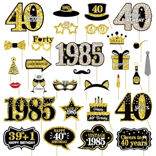 Guiruiy 30Pcs 40th Birthday Decoration Photo Booth Props for Men Women, Funny Black Gold Vintage 1985 40th Birthday Props Kit with Sticks Party Supplies, Cheers to 40 Bday Photo Props Sign Decor - Image 1