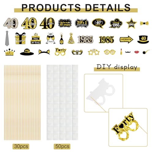Guiruiy 30Pcs 40th Birthday Decoration Photo Booth Props for Men Women, Funny Black Gold Vintage 1985 40th Birthday Props Kit with Sticks Party Supplies, Cheers to 40 Bday Photo Props Sign Decor - Image 4