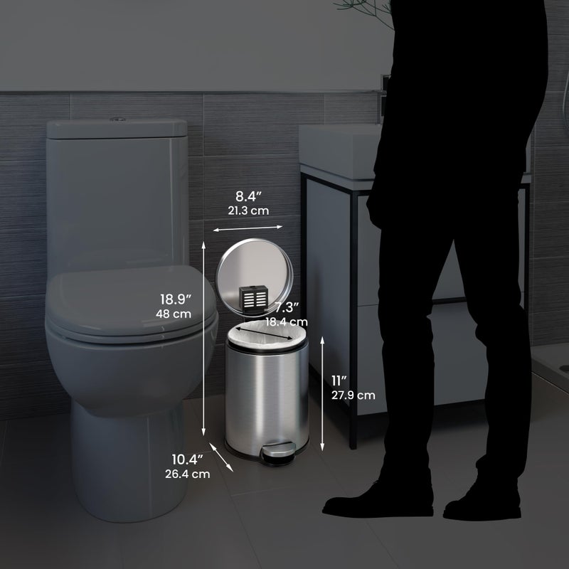 iTouchless SoftStep 1.3 Gallon Small Round Bathroom Trash Can with Removable Inner Bucket and AbsorbX Odor Filter, Stainless Steel, 5 Liter Step Pedal Garbage Bin for Bedroom, Office Cubicle - Image 5