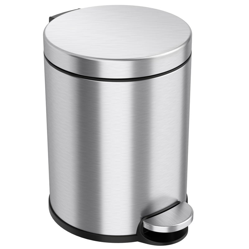 iTouchless SoftStep 1.3 Gallon Small Round Bathroom Trash Can with Removable Inner Bucket and AbsorbX Odor Filter, Stainless Steel, 5 Liter Step Pedal Garbage Bin for Bedroom, Office Cubicle - Image 1