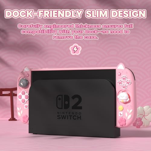 playvital Cherry Blossoms Kitten Protective Case for Nintendo Switch 2 with Stand | Cute Cat Ear & Paw Silicone Grips, Dockable Hard Shell, 2 Joystick Caps | Full-Body Protection Cover, Pink - Image 2