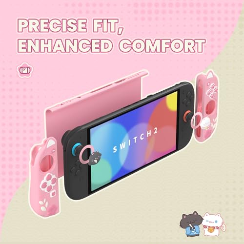 playvital Cherry Blossoms Kitten Protective Case for Nintendo Switch 2 with Stand | Cute Cat Ear & Paw Silicone Grips, Dockable Hard Shell, 2 Joystick Caps | Full-Body Protection Cover, Pink - Image 3