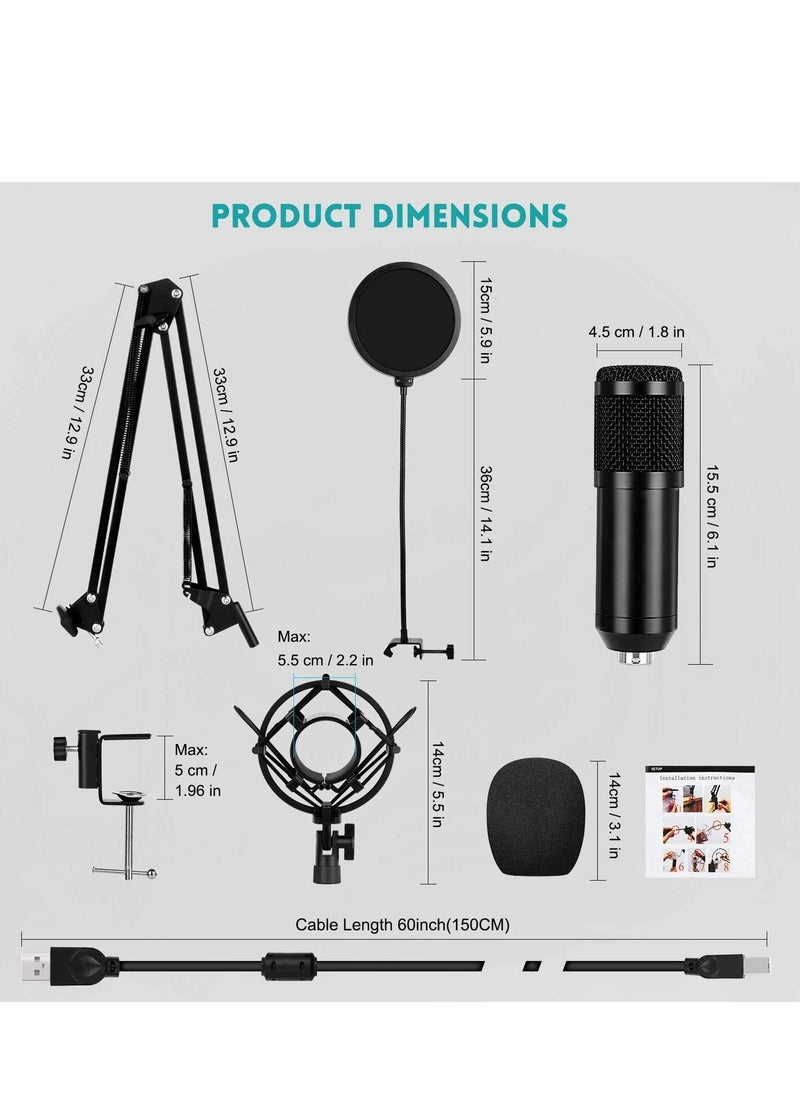 USB Condenser Microphone for Computer PC 192KHZ/24BIT Professional Cardioid Microphone Kit with Adjustable Scissor Arm Stand Shock Mount Pop Filter for Karaoke, YouTube, Gaming Recording - Image 4
