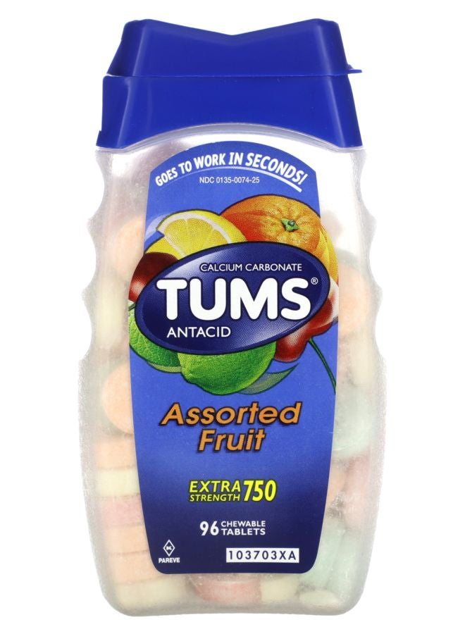 TUMS مضاد حموضة قوي إضافي بنكهة فواكه متنوعة 96 قرص قابل للمضغ