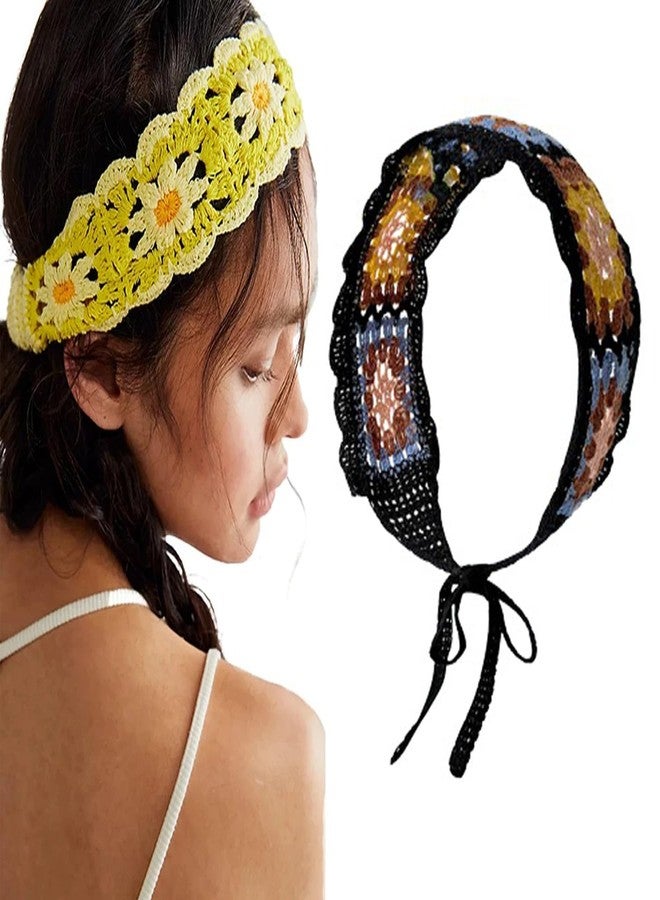 ArrErr 2 Pack Boho Headbands Hair Bandeau Women Turban Vintage Folk Scarf Hippie Crochet Knitted Woven Headwrap Hair Band Floral Head Wrap Bandanas for Girls - Image 5