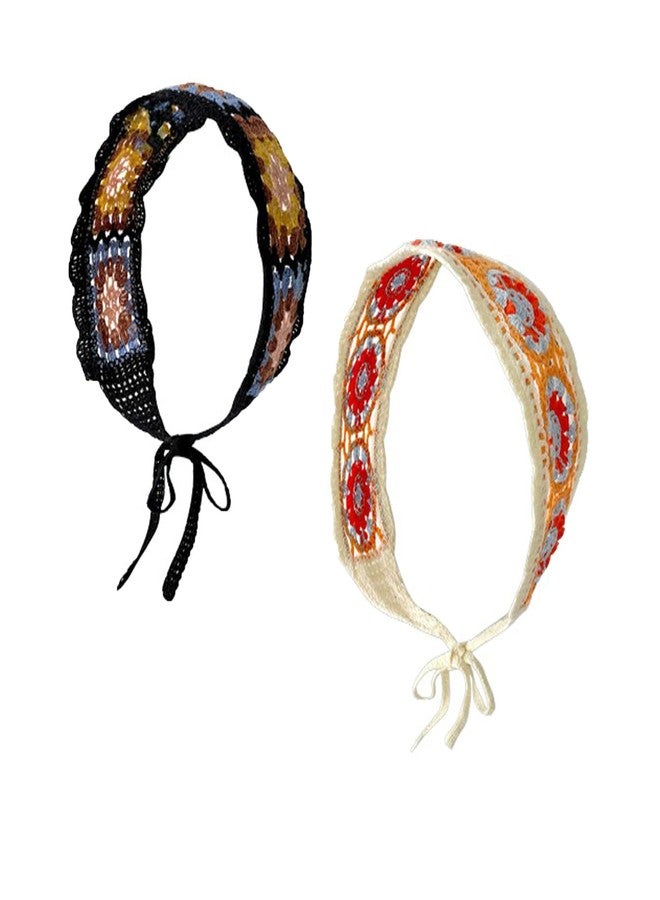 ArrErr 2 Pack Boho Headbands Hair Bandeau Women Turban Vintage Folk Scarf Hippie Crochet Knitted Woven Headwrap Hair Band Floral Head Wrap Bandanas for Girls - Image 1