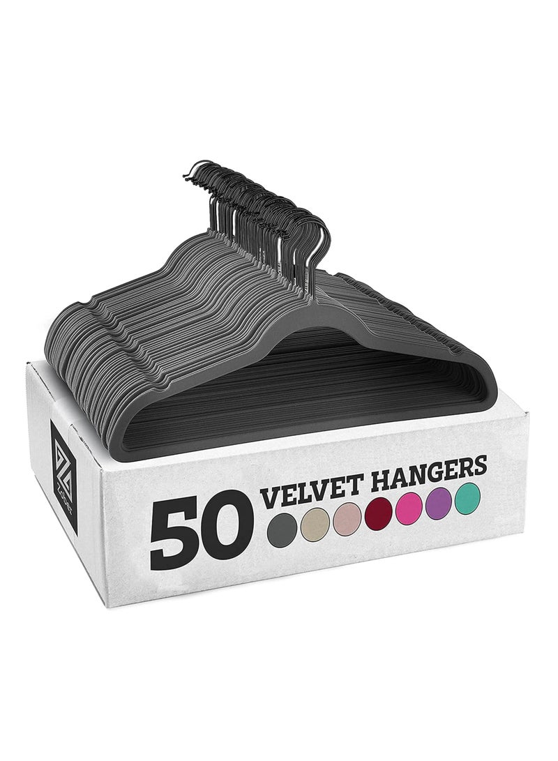 ZOBER Non-Slip Velvet Hangers With Black Hook - Space Saving 360° Swivel Hook Strong and Durable Clothes Hangers Hold Upto 10 Lbs, for Suits, Coats, Jackets, Pants, Dress Clothes (50 PACK, GREY) - Image 1