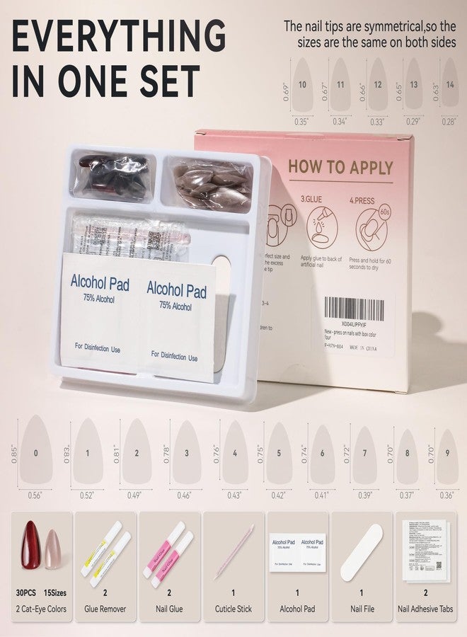 ELLEWIN 60 Pcs Cat Eye Press on Nails Kit - Almond, Burgundy & Nude, 15 Sizes Acrylic Glossy Full Cover False Nails with Glue, Remover, Tabs & File for Women - Image 5