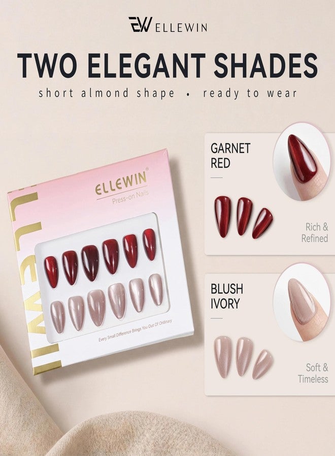 ELLEWIN 60 Pcs Cat Eye Press on Nails Kit - Almond, Burgundy & Nude, 15 Sizes Acrylic Glossy Full Cover False Nails with Glue, Remover, Tabs & File for Women - Image 2