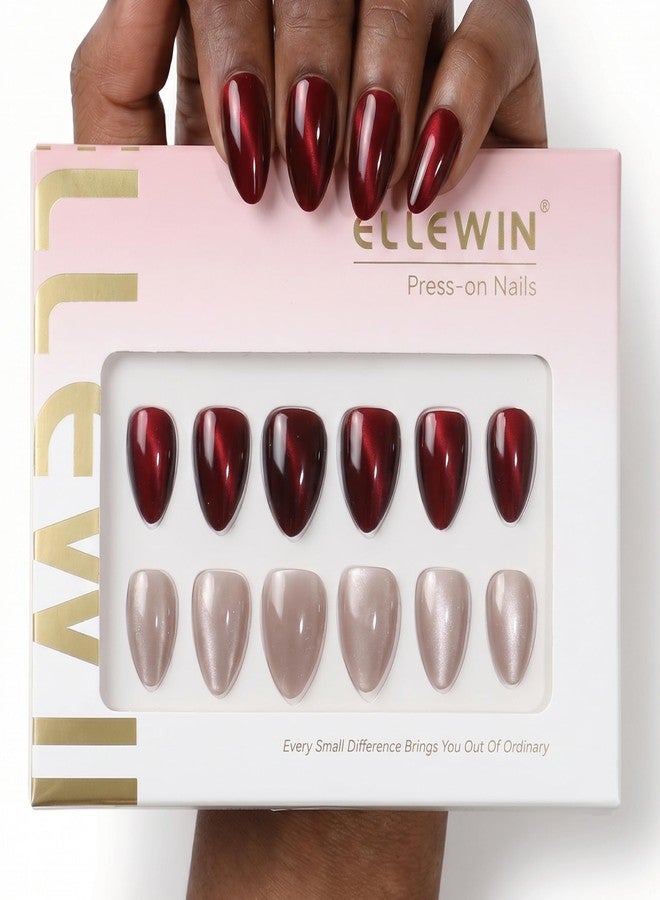 ELLEWIN 60 Pcs Cat Eye Press on Nails Kit - Almond, Burgundy & Nude, 15 Sizes Acrylic Glossy Full Cover False Nails with Glue, Remover, Tabs & File for Women - Image 1