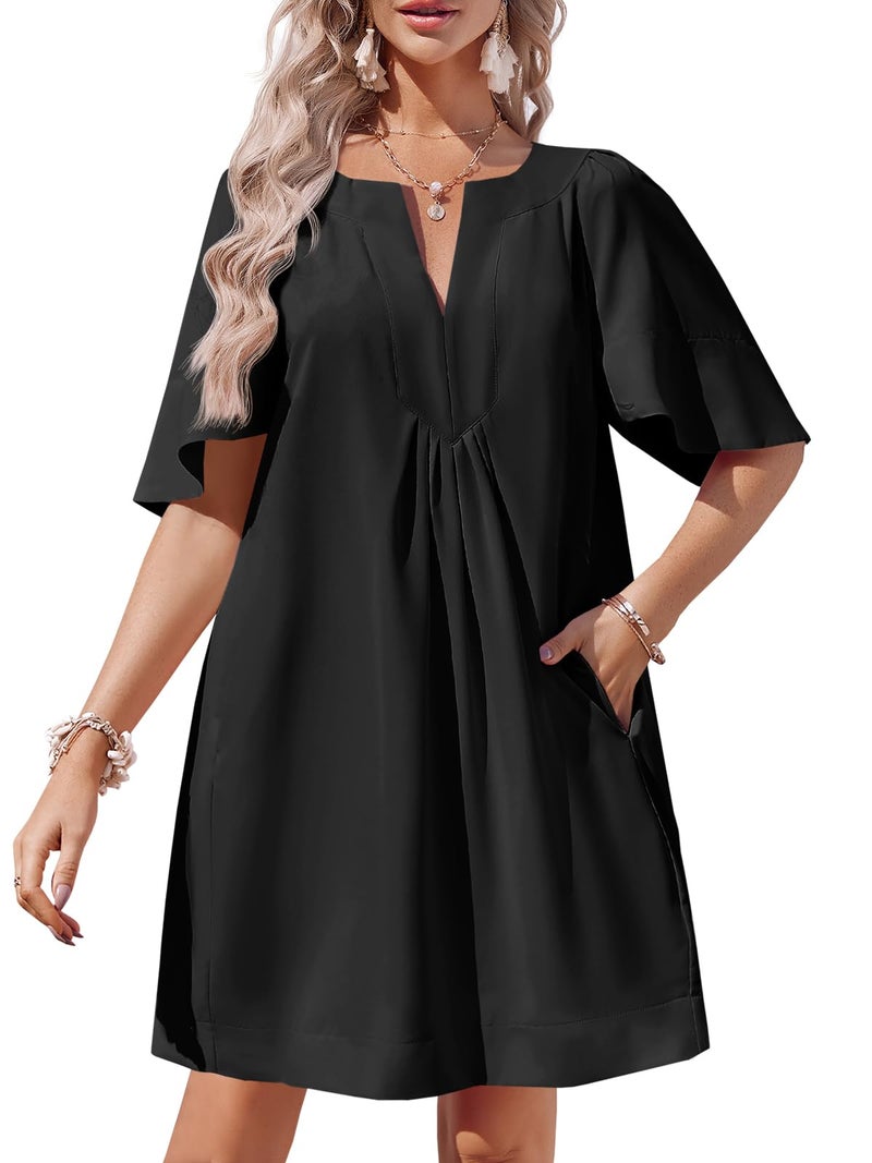 Wenrine Womens Flutter Short Sleeve Mini Dress Casual V Neck Loose Flowy Summer Shift Dresses Black - Image 1