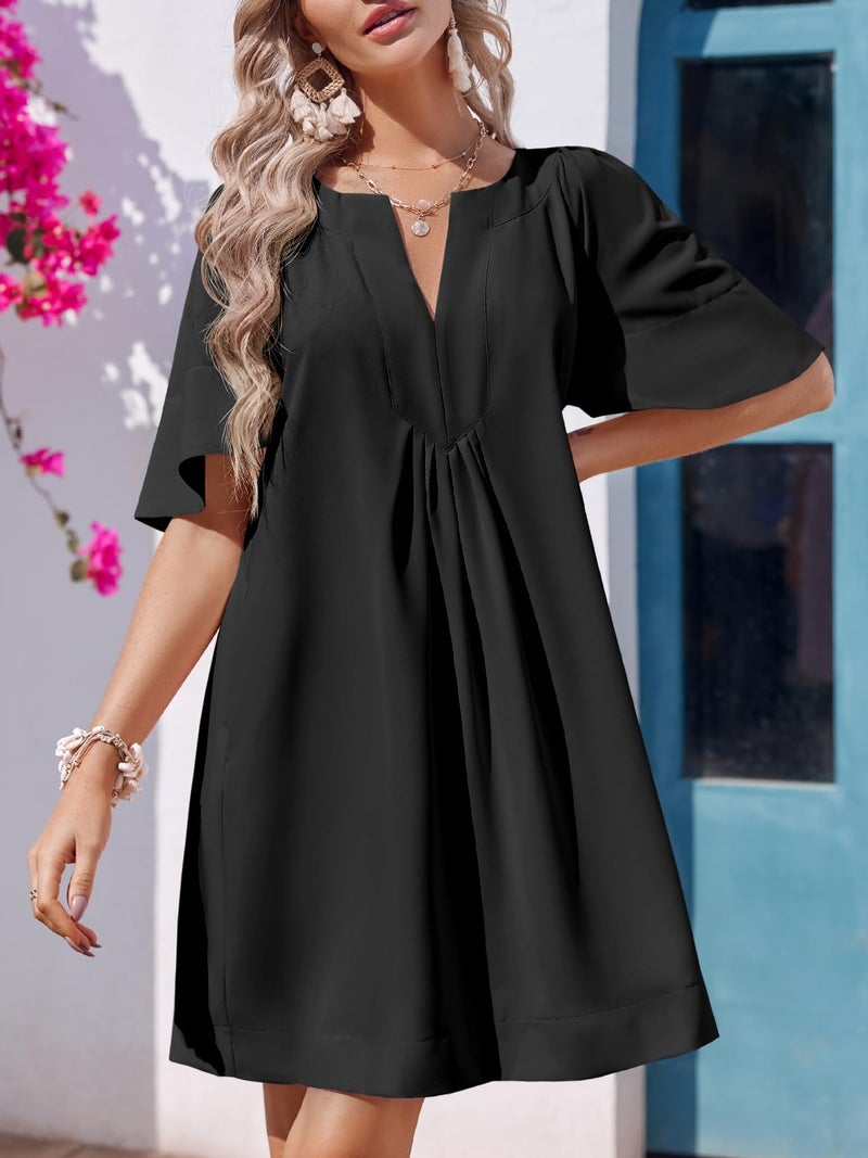 Wenrine Womens Flutter Short Sleeve Mini Dress Casual V Neck Loose Flowy Summer Shift Dresses Black - Image 3