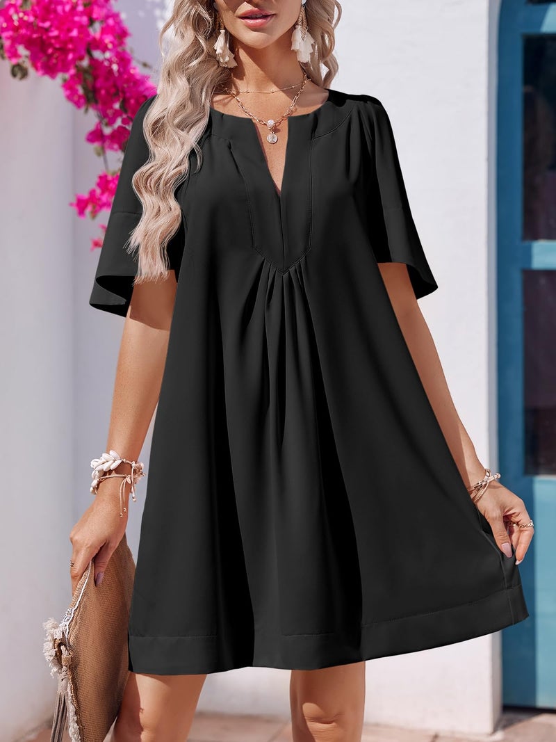 Wenrine Womens Flutter Short Sleeve Mini Dress Casual V Neck Loose Flowy Summer Shift Dresses Black - Image 2