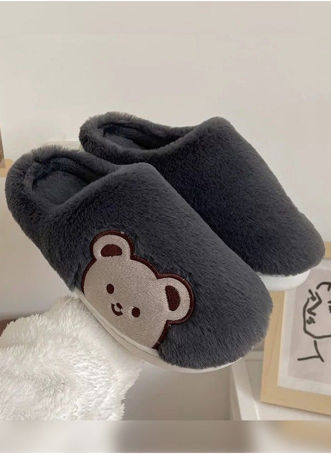 Generic - Lovely Bear Design Men Cotton Slippers  Autumn And Winter Home Indoor Non-Slip Thick Comfot Soft Bottom Warm Bedroom Slippers Dark Grey - Image 1