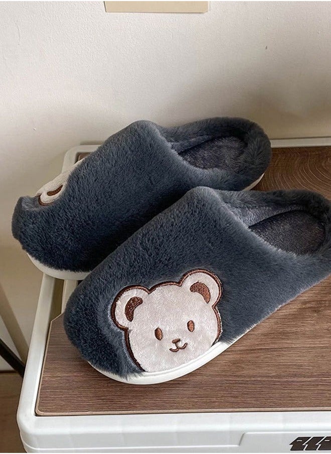 Generic - Lovely Bear Design Men Cotton Slippers  Autumn And Winter Home Indoor Non-Slip Thick Comfot Soft Bottom Warm Bedroom Slippers Dark Grey - Image 1