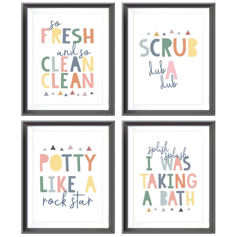 AEHIE So Fresh and Clean Colorful Bathroom Art Poster Prints for Home Kid Washroom Restroom Nursery Toilet Laundry Decor Funny Bathroom Rules Word Art Decorations Prints Wall Art Unframed 4pcs (12x16 in) - Image 1