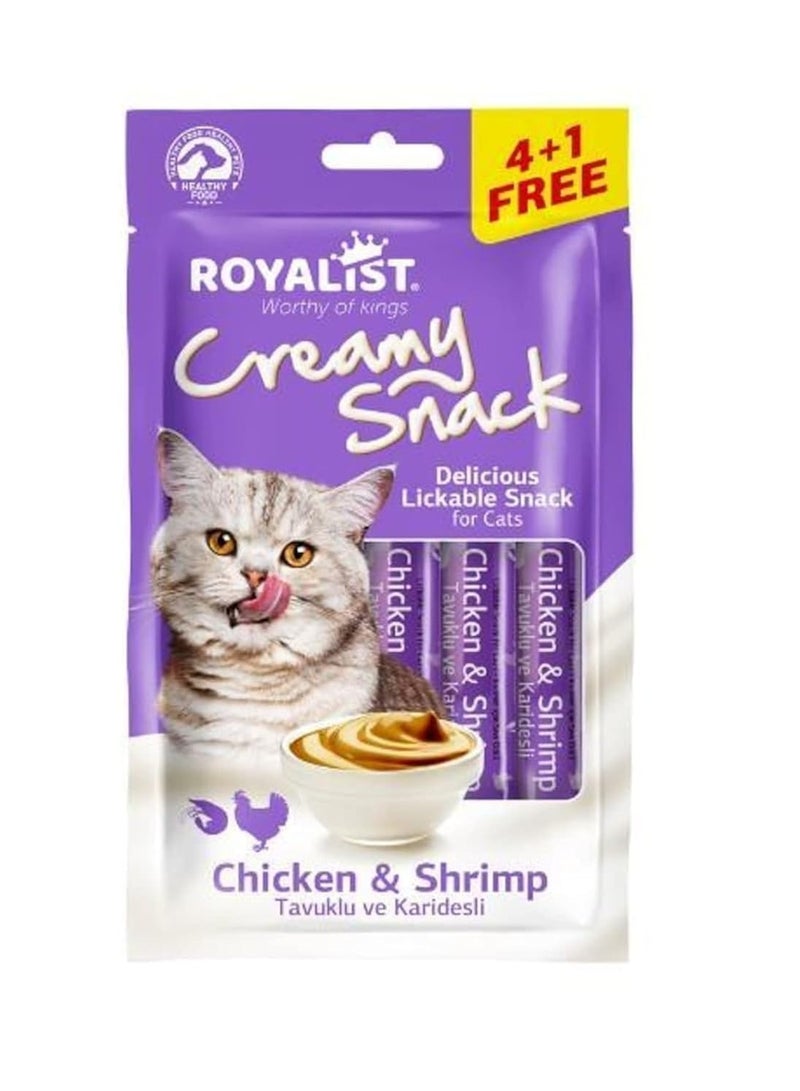 روياليست وجبة خفيفة كريمية بنكهة الدجاج والروبيان، عبوة من 4 قطع + قطعة واحدة، مكافأة قابلة لللعق للقطط