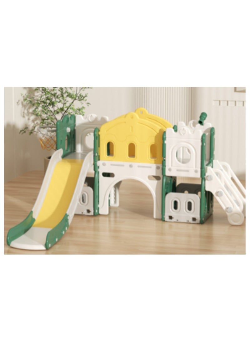 FULL JOY Tower-Shaped Slide And Swing With Bridge + Ball Frame And Basketball + Walkway (Unenclosed) - Image 1