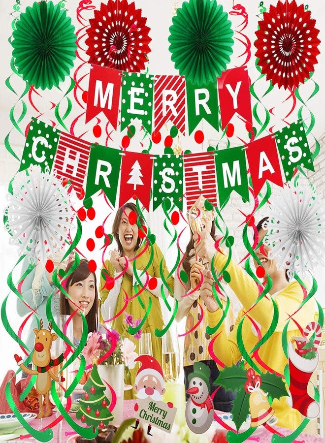 FECEDY Merry Christmas Banner Paper Fan Flower Circle Confetti Dots Hanging Garlandand Swirl Streamers Christmas Tree Christmas Snowman God Tang for Christmas Party Decoration - Image 2