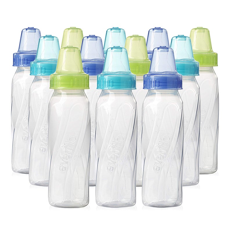 Evenflo Feeding Classic Clear Plastic Standard Neck Bottles for Baby, Infant and Newborn - Teal/Green/Blue, 8 Ounce (Pack of 12) - Image 1