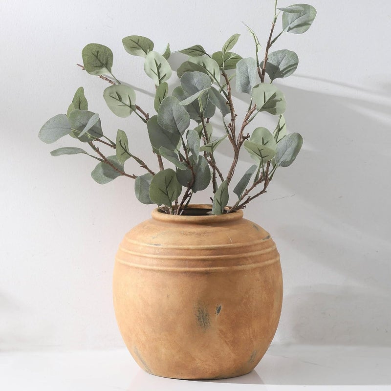 Lyeec Large Ceramic Vase, 8.66 inch Tall Round Rustic Vase, Pottery Farmhouse Flower Vases for Home Decor, Living Room Shelf Decor, Enterway, Table - Image 1