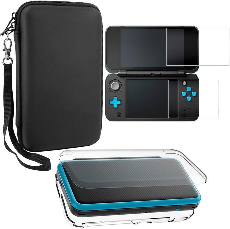 AFUNTA Protective Cases Compatible New 2DS XL with Screen Protectors, 1 Crystal Clear Case and 1 EVA Carrying Case for Console, with 2 Pcs Anti-Scratch Tempered Glass Films for Screens - Image 1