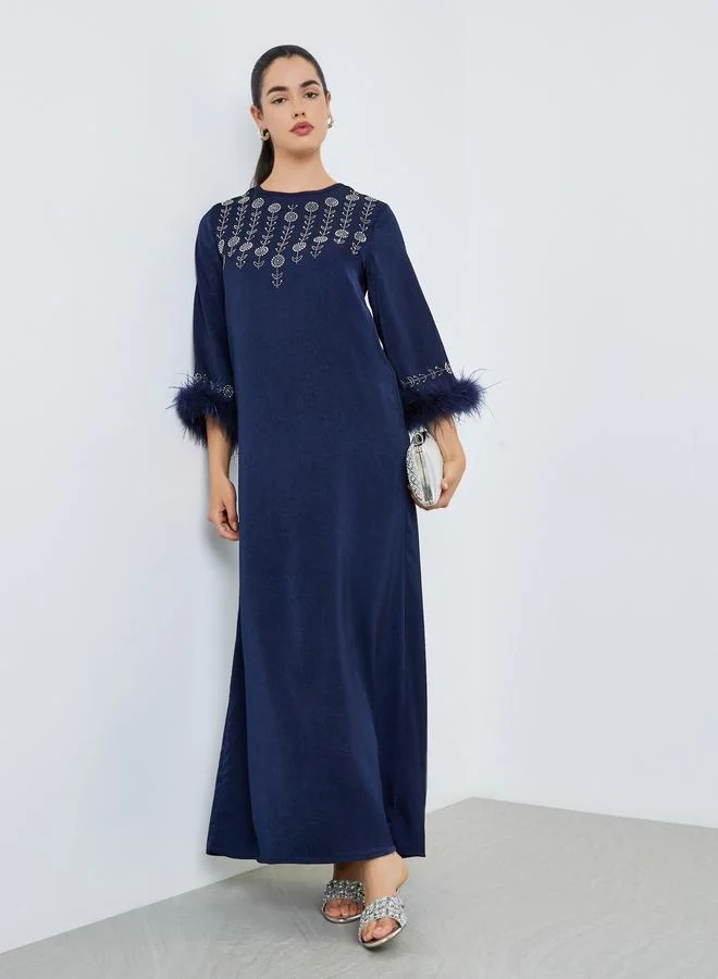 Amirah Women Embellished Jalabiya with Faux Feather Trim