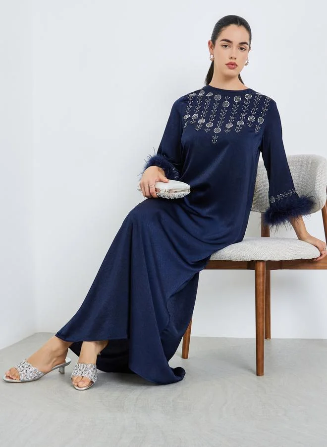 Amirah Women Embellished Jalabiya with Faux Feather Trim