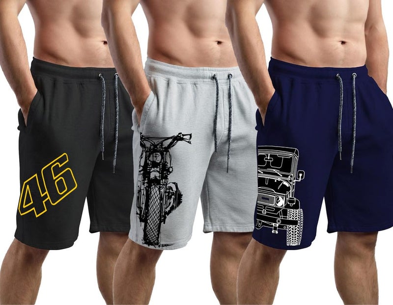 hotfits Men Casual Cotton All Season Soft Feel Fabric Printed Regular Workout Shorts, Elastic Waist Running Shorts with 2 Side Pockets - Pack of 3 - XL, Assorted - Image 5